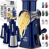 Zulay Kitchen Drehbare Käsereibe mit Griff & verbessertem Saugfuß – Käsezerkleinerer mit 5 austauschbaren Edelstahlklingen – Multifunktionaler Gemüseschneider & Nussmühle (Saphir)