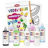 LM-Kreativ Window Color Set - Sommerspaß - Entfache Kreativität mit 7 x 80ml Farben & 1 x 80ml Konturfarbe, inklusive Vorlagenheft mit ca. 30 Sommer-Motiven. Auf Wasserbasis & leicht entfernbar