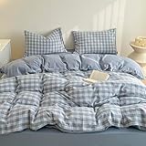Covebett Bettwäsche 200x220 Kariert Blau Weiß Gewaschene Microfaser Wende Bettwäsche Set 3teilig, Landhaus Style Aesthetic Karo Gitter Bettbezug und 2 Kissenbezug 80x80 mit Reißverschluss