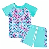 Badeanzug Mädchen 2-Teilige Uv Badebekleidung Kinder Kurze Ärmel Stoffdruck Schwimmanzug Uv Shirt Mädchen 7-8 Jahre