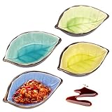 MEIYAXINWIN 4 Stk Keramik Dip Schälchen in Blattform, 7x10cm Klein Schalen Dipschalen, 4 Farben Mini Snack Schalen Saucenschalen für Sojasauce Saucen Gewürzen