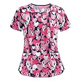 MIN YING Arbeitskittel für Damen, Tierdruck, Krankenschwester, Uniform, Oberteil mit Taschen, kurzärmlig, V-Ausschnitt, Bluse, Knöpfe, Arbeitsunika, große Größe, 18 g, XXL