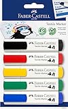 Faber-Castell 159520 - Textilmarker in Standardfarben, geeignet für helle Stoffe, 5er Packung, ideal für Babypartys, Kindergeburtstage, Junggesellenabschiede