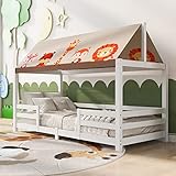SEGMART Kinderbett Hausbett 90x200 cm mit Rausfallschutz und Stoffzeltaufsatz, Lattenrost und Dach, Jugendbett