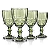 Joeyan 300ml Grün Weingläser,Set von 4 Kelche Vintage mit Schliff,Farbiger Weinkelch für Wein Saft Getränke,Rotweingläser Weißweingläser Trinkgläser mit Fuß,Spülmaschinenfest