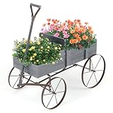 HOMASIS Blumenwagen Holz, Blumenkarre mit 4 Metall Rädern, Griff & 2 Fächern, Blumenständer Holzwagen Pflanzschubkarre, Blumenkasten Gartendeko für Garten Balkon Terasse, 62x34x60cm (Grau)