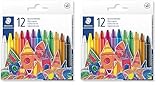 Staedtler Wachsmalkreide, leuchtende Farben, 8 mm Durchmesser, mit Papiermanschette, 12 Wachsmalkreiden in sortierten Farben im Kartonetui, 220 08 C12 (Packung mit 2)