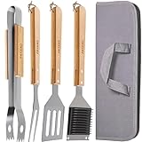 Praknu Grillbesteck Set mit Holzgriffen - Mit Tragetasche Hitzebeständig und Rostfrei
