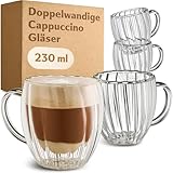 Cosumy Doppelwandige Cappuccino Gläser 230ml - 4er Set mit Henkel - Elegantes Riffel-Design - Kristallklare Thermogläser Spülmaschinenfest