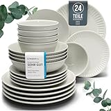 Steingut Geschirrset 6 Pers. Hygge 24-tlg Hochwertiges Skandinavisches TEST SEHR GUT Steingut Geschirr Set - Schüssel- und Teller Set - Tafelservice 6 Personen Geschirrsets Pure Living in Beige