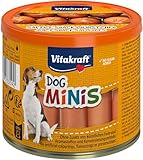 Vitakraft Dog Minis, Hundeleckerli getreidefrei, Würstchen, Belohnung für zwischendurch, mit Geflügel, gewürzreduziert, in wiederverschließbarer Dose, ohne Zusatz von Zucker (1x 120g)