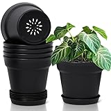 T4U 16cm Kunststoff Blumentopf mit Untersetzer, 6er-Set Plastik Übertopf Kräutertopf mit Mehrere Ablauflöchern, Rund Pflanzkübel für Innen und Balkon Sukkulenten Kaktus, Schwarz