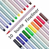 Fineliner Standardfarben - 10er Pack - mit feiner 0,4mm Spitze - Filzstifte für präzises Schreiben, Zeichnen und Malen - mit metallgefasster Faserspitze - für Büro, Schule, Uni und Zuhause - Bunt Set