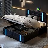 Polsterbett mit LED und USB,Hydraulisch Doppelbett Bettgestell mit Lattenrost & Bettkasten,Modernes Doppelbett,Jugendbett mit viel Stauraum,Stauraumbetten,ohne Matratze,Schwarz (160*200cm)