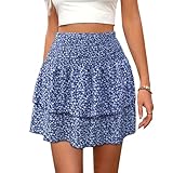 XFSRG Rock Damen Sommer Boho Blumen Rüschen kurz Rock Elastische Hohe Taille Kordelzug Falten Minirock Sommerrock Strand Blumen Rock Geeignet für Sommer und Alltag(S)