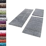 Carpettex Bettumrandung Schlafzimmer 3teilig Shaggy Teppich Hochflor Einfarbig Hellgrau Bettset:2 mal 60x110 + 1 mal 80x150 - Bettvorleger Schlafzimmer Läuferset Weich Flauschig Bettumrandung Teppich