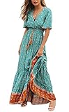 R.Vivimos Damen Sommer Boho V-Ausschnitt Button Up Kurzarm böhmischen Print Rüsche Rand Strand Stil Lange Maxi Kleid Berufungskleid (Grün, XL)