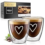 ElbFuchs® Espressotassen Set HERZ [2x 80ml] Doppelwandige Espresso Gläser Set | Thermogläser doppelwandig | Ausgefallene Espressotassen Glas ohne Henkel für alle Espressomaschinen