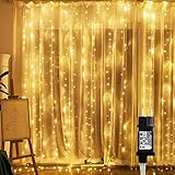 TOFU LED Lichtvorhang 3x3m, 300 LED Lichterkette Vorhang mit Netzstecker & Timer 8 Modi Lichterkettenvorhang für Innen Weihnachten Partydekoration Geburstag Hochzeit Fenster Zimmer, Warmweiß