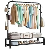 SMILOVII Kleiderständer, Garderobenständer Stabil Kleiderstange mit 6 Haken und 2 Schuhregal Ablage Regal, Schlafzimmer Kleiderständer Freistehender Kleiderbügel, Schwarz
