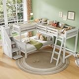 SUGBIU Etagenbett für 3 Kinder, Weiß Kinderbett mit Treppen, Holzbett Hochbett 140x200cm und 90x200cm, Ohne Matratze