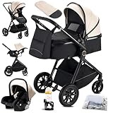 KAVELLIN Kinderwagen 3 in 1 Buggy Babybett Komplett Set Einem Klick Zusammenklappbarer Kinderwagen, KombiKinderwagen Aluminiumrahmen für Neugeborene (Creme)