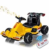 Go Kart für Kinder, 12V Drift Pedal Go-Cart, mit 390W Dual Drive Motoren, 5 MPH Race Ride On Toy mit Reversing Modell, Slow Start, Fernbedienung, Musik, Crazy Cart für Kinder 3-12,Gelb