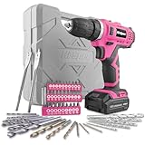 Hi-Spec Akkuschrauber und Bohrmaschinen 50tlg. – 12V Bohrmaschine in Pink Rosa mit gängigen Holz-, Metall- und Steinbohraufsätzen – Praktische Box für Frauen im Haushalt – Akkubohrer und Schrauber