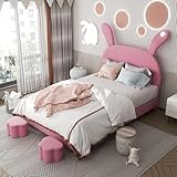 Polsterbett 140x200, mit Zwei Aufbewahrungshockern, LED-Nachttischbeleuchtung, ausklappbare Hasenohren, ohne Matratze, Jugendbett, Lattenrost, höhenverstellbares Kopfteil, französischer Samt, rosa