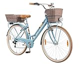 BIKESTAR Alu City Stadt Fahrrad 28 Zoll | 18 Zoll Rahmen, 7 Gang Shimano Damen Rad, Hollandrad Retro Bike mit V-Bremse und Gepäckträger | Blau | Risikofrei Testen