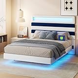 SUNFECILI Polsterbett Doppelbett aus Samt 140 x190 cm, Kopfteil Bett mit Aufladen USB und LED-Beleuchtung, Modernes Doppelbett Erwachsenen,Jugendbett Bettgestell,Bett Gästebett Bettgestell