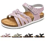 Torotto Sandalen Mädchen Mit Kork Sandals Kinder Pantoffeln Riemen Verstellbare Schnalle Rutschfeste Mit Klettverschluss Sandaletten für Drinnen und Draußen(Rosa Glitter, 32EU)