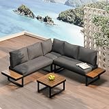 Jtyca Gartenmöbelset mit Sofa und Couchtisch, Balkonmöbel mit Eckposition und Winkelverstellbarer Liegefunktion, Lounge Möbel Outdoor mit Cushion, Verzinkte Stahlrohre (Schwarz + Grau)