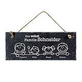 Casa Vivente Schiefertafel mit Gravur, Hier wohnt, Personalisiert mit Namen der Familie, Türschild mit Juteband für die Haustür