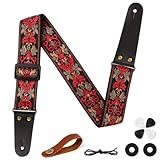 Aucuu Gitarrengurt, 2' Vintage bestickte Baumwolle Gitarrengurt, Verstellbarer Gitarrenband-Echtleder Enden für Bass Elektro Akustik, mit Gurtknopf 2 Gurtschlössern 4 Gitarrenplektren