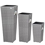 Casaria® Blumentopf 3er Set Polyrattangeflecht Übertopf Wasserabfluss Rattanoptik Outdoor Pflanzkübel Blumenkasten Grau
