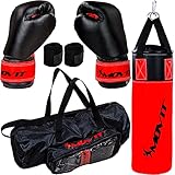 MOVIT® Boxsack-Set 5,5kg, gefüllt, inkl. Boxsack, (Höhe 60cm x Durchmesser 20cm), 8 oz Boxhandschuhe, Boxbandagen und Tasche, für Kinder und Jugendliche, Boxing Boxen, rot-schwarz