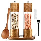 Salz und Pfeffermühle 2er Set mit Untersetzer Gewürzmühle Manuell Pfeffermühle Holz Salzmühle Verstellbarem Keramikmahlwerk für Gewürze Pfeffer Salz Höhe: 21,5 cm