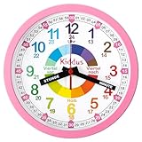 Kiddus Kinder Wanduhr, Jungen und Mädchen, Analoger Lernuhr mit Zeitlernübungen, Kinderwanduhr Ohne Ticken, Kinderzimmer Lautlose, Schule, Uhrzeiger Deutsch