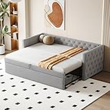 Polsterbett Ausziehbares Schlafsofa, 90*200 cm, Klassische Vollform mit Knöpfen, Mit Lattenrost, Multifunktionales Bett-Gästebett, Hautfreundlicher Samtstoff,(Matratze nicht enthalten) (Hellgrau)