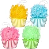 BRUBAKER 4er Set Badeschwamm Duschschwamm - Cupcake Peeling Schwamm - 40 g Badeknäuel - Buntes Badezubehör - Körperreinigungsschwamm für Kinder und Erwachsene inkl. Geschenkbox
