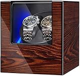 BEWISHOME Automatik Uhrenbeweger, Uhrenbeweger 2 Uhren mit LED-Beleuchtung, Uhrendreher Automatikuhren mit Leisem Motor aus Holz, 4 Modi, Batterie oder USB, braun ESYQ02Y