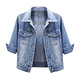Crop-Jeansjacke für Damen, 3/4-Ärmel, leicht, Jeansmantel, locker, lässig, trendig, Knöpfe, Taschen, gewaschener Denim-Stoff, hellblau, 3XL