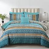 Boho-King-Bettwäsche-Set, 8-teilig, blaugrün und gelb, Bohemian-Stil, Paisleymuster, gestreift, in einer Tasche, weiche Mikrofaser, Bettwäsche-Set für alle Jahreszeiten