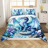 Bettwäsche-Set mit Westerndrachen, Kleinkindgröße, blauer 3D-fliegender Drache, Wildtiere, wendbarer Bettbezug für Kinder, Jungen, Mädchen, Aquarell-Tiere, glänzende Kristalle, Bettwäsche-Set mit 1