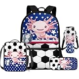 Cugasmaru Schultaschen für Jungen, Rucksack, Lunchbox-Set, kleine Kindertaschen für den Schulanfang, 4-teilig, Axolotl Soccer, Kinderrucksack
