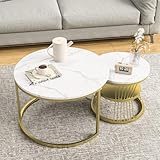 HNOUER Couchtisch, runder Kombinations-Couchtisch 2er-Set, Wohnzimmertisch, Satztisch fürs Büro, stapelbarer Beistelltisch-Set Satztisch, 70x70x45,5cm + 45x45x40cm (Weiß+Gold)