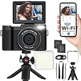 Digitalkamera mit WiFi 4K 64MP Autofokus Full HD 5K Vlogging Kamera für YouTube Point and Shoot Kamera mit Flip Screen Fotografie Kameras für Anfänger mit Selfie Licht, Mini Stativ, Batterien