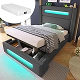 Moderne Polsterbett-Kombi 90x200 cm mit LED-Beleuchtung, hydraulischem Stauraum, USB/Type-C-Ladeanschlüssen, 7-Zonen-Kaltschaummatratze – Grau/Leinen, ideal für Jugendzimmer & kleine Räume