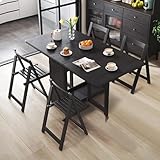 Zusammenklappbarer Esstisch-Set, ausziehbar, Massivholztisch mit klappbaren Stühlen, Schubladen und Rollen, platzsparendes Design für Küche, Esszimmer, Wohnzimmer, kleine Räume (Schwarz, 170 cm)